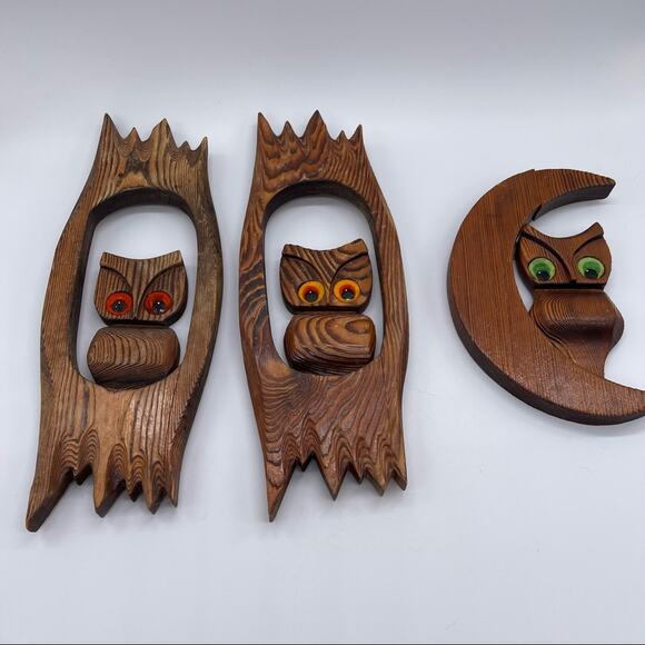 Vintage Hand crafted Wooden Owl Wall Decor, Set of 3. Made in Montana - Picture 1 of 14